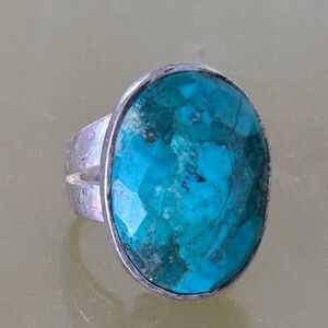 Stella & Dot Blue Bezel Turquoise Gemstone Ring, 925 Silver, Adjustable.